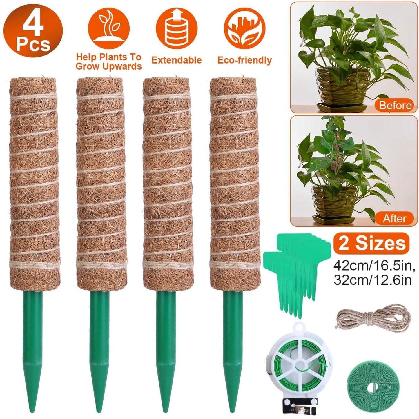 4-Pieces: Coco Coir Extendable Moss Pole for Climbing Plants
