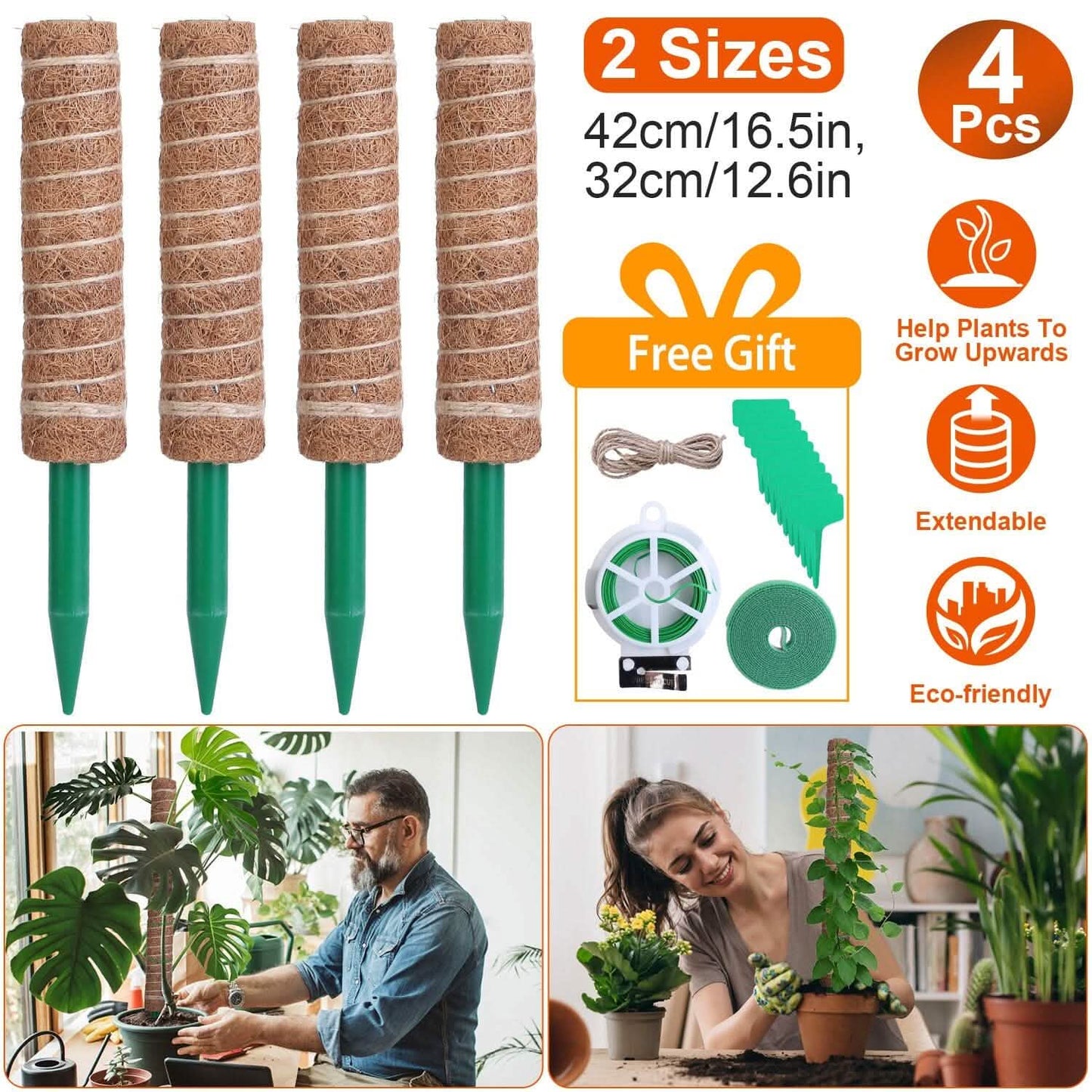4-Pieces: Coco Coir Extendable Moss Pole for Climbing Plants