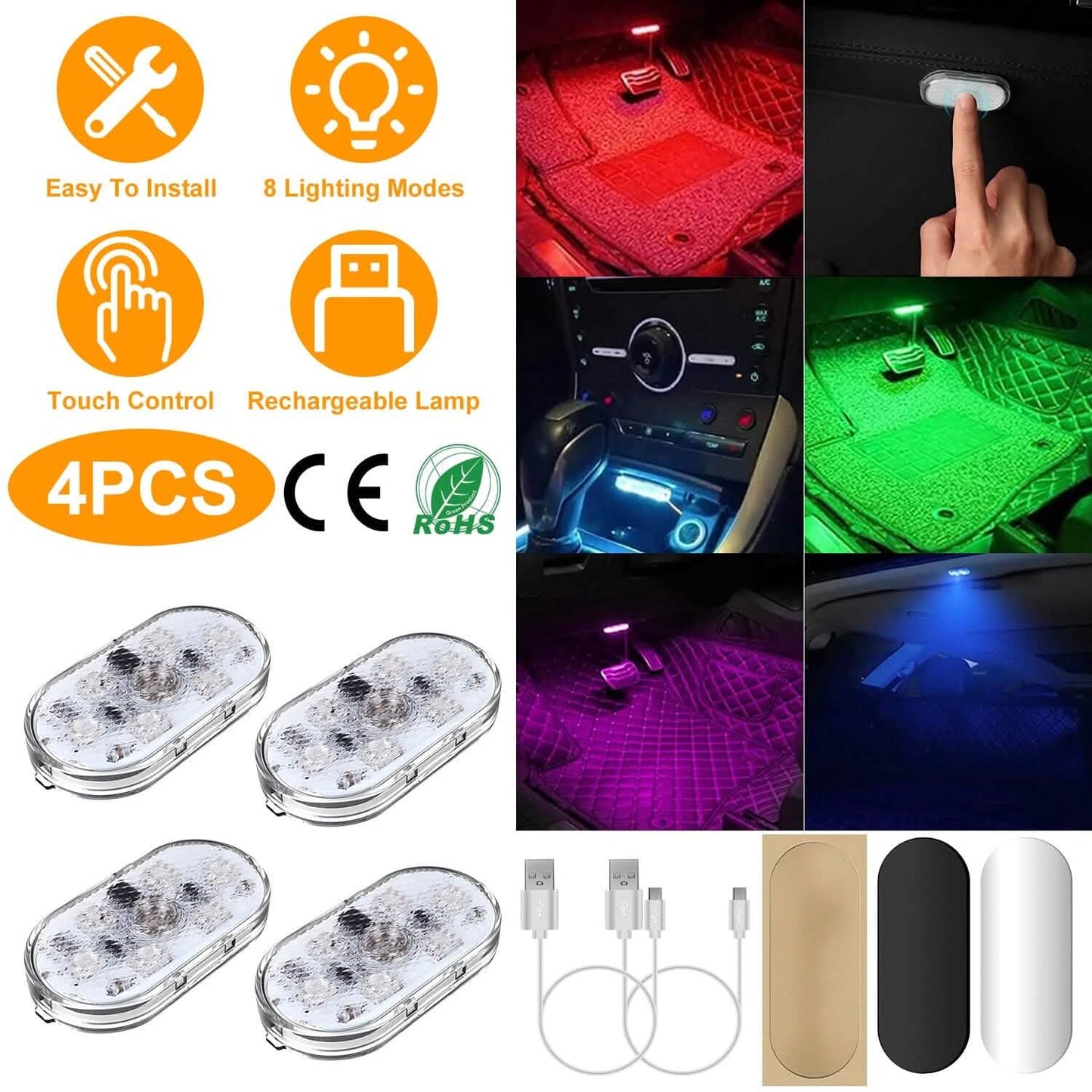4-Pieces: Cordless Car Interior Light USB Rechargeable