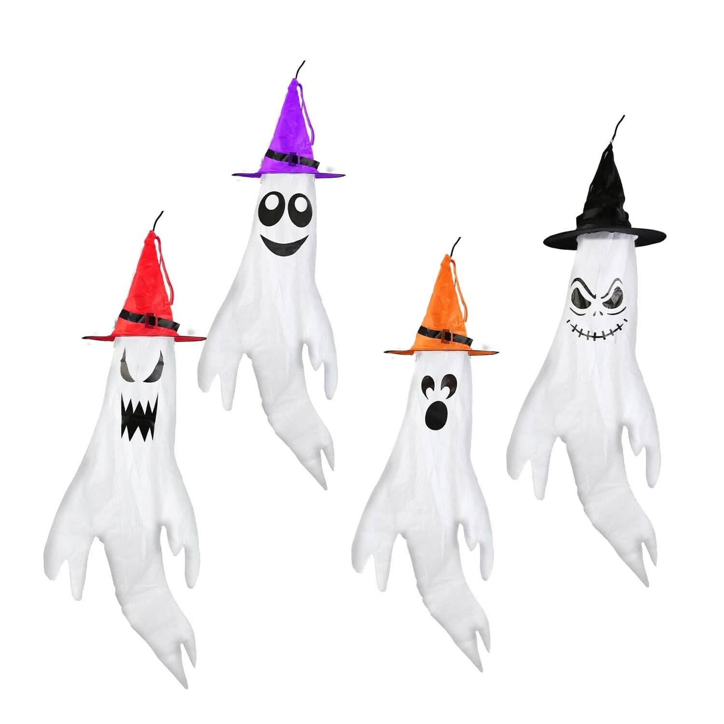 4-Pieces: Halloween Ghosts with Witch Hats Windsocks Hanging Decoration with Colorful LED Light