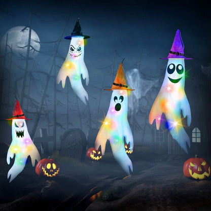 4-Pieces: Halloween Ghosts with Witch Hats Windsocks Hanging Decoration with Colorful LED Light