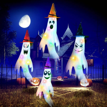 4-Pieces: Halloween Ghosts with Witch Hats Windsocks Hanging Decoration with Colorful LED Light