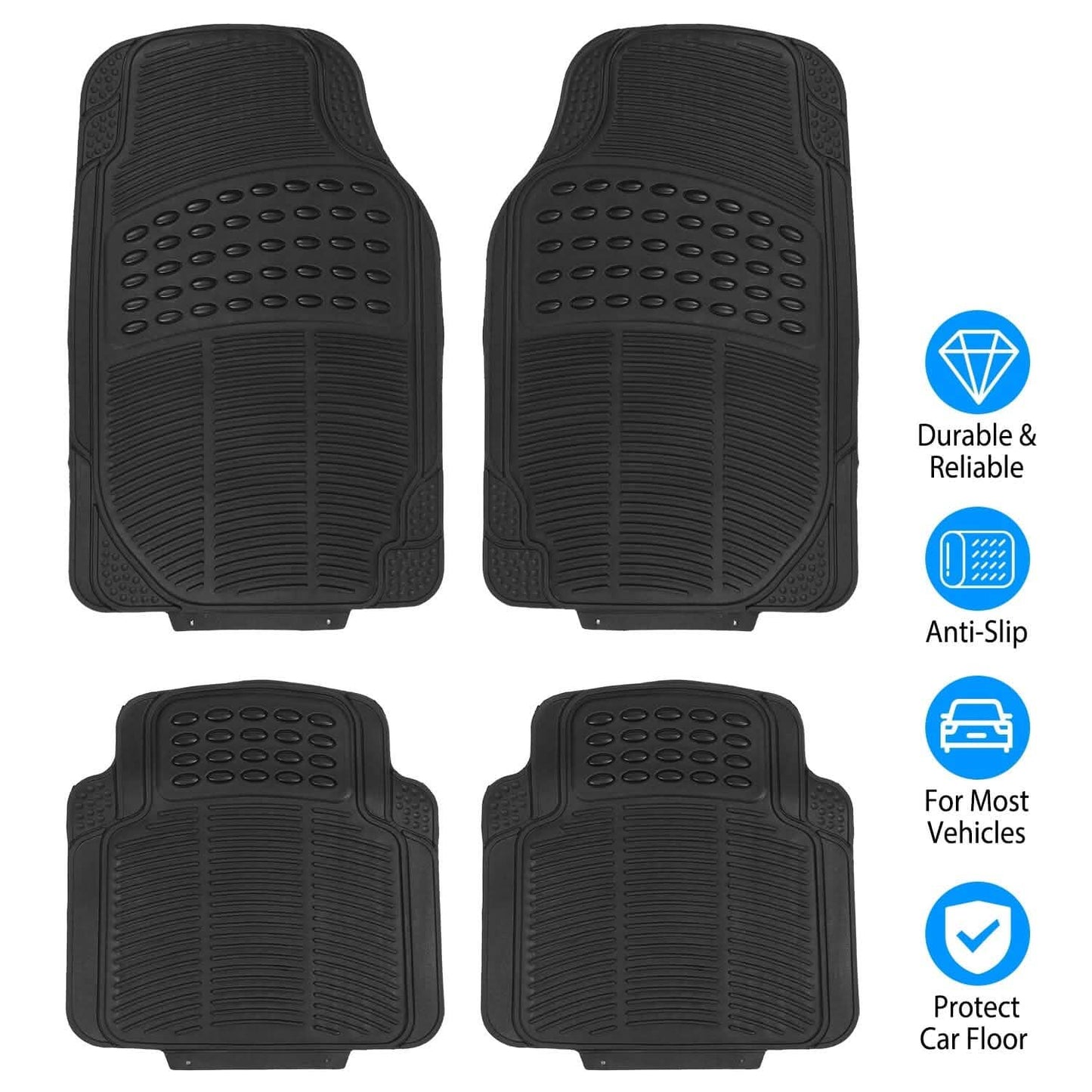 4-Pieces: Heavy Duty PVC Rubber Automotive Floor Mats with Trimmable Design