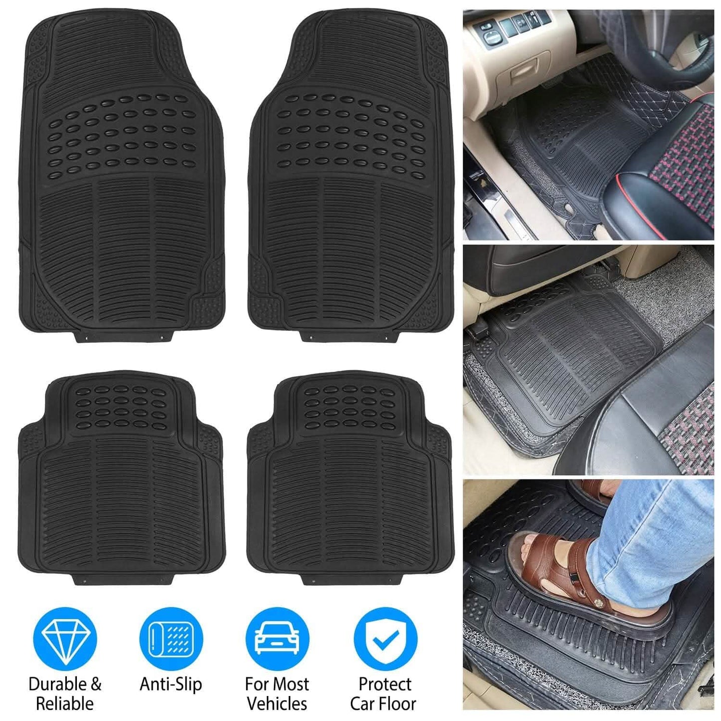 4-Pieces: Heavy Duty PVC Rubber Automotive Floor Mats with Trimmable Design