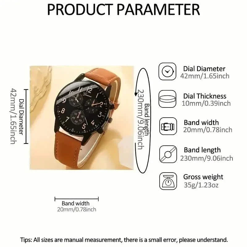4-Pieces: Men's Fashion Brown Faux Leather Quartz Watch & Bracelet Set