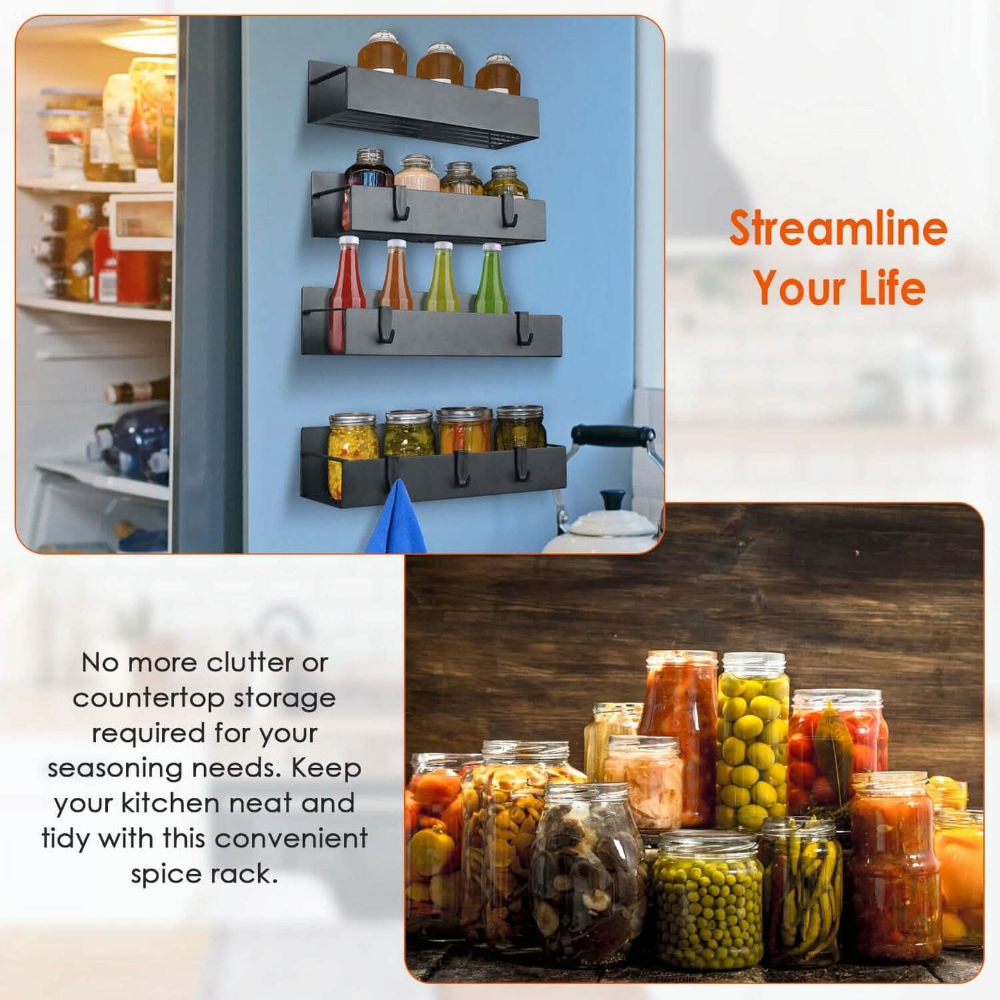 4-Pieces: Spice Rack Strong Magnetic Seasoning Storage Shelf with 8 Removable Hooks