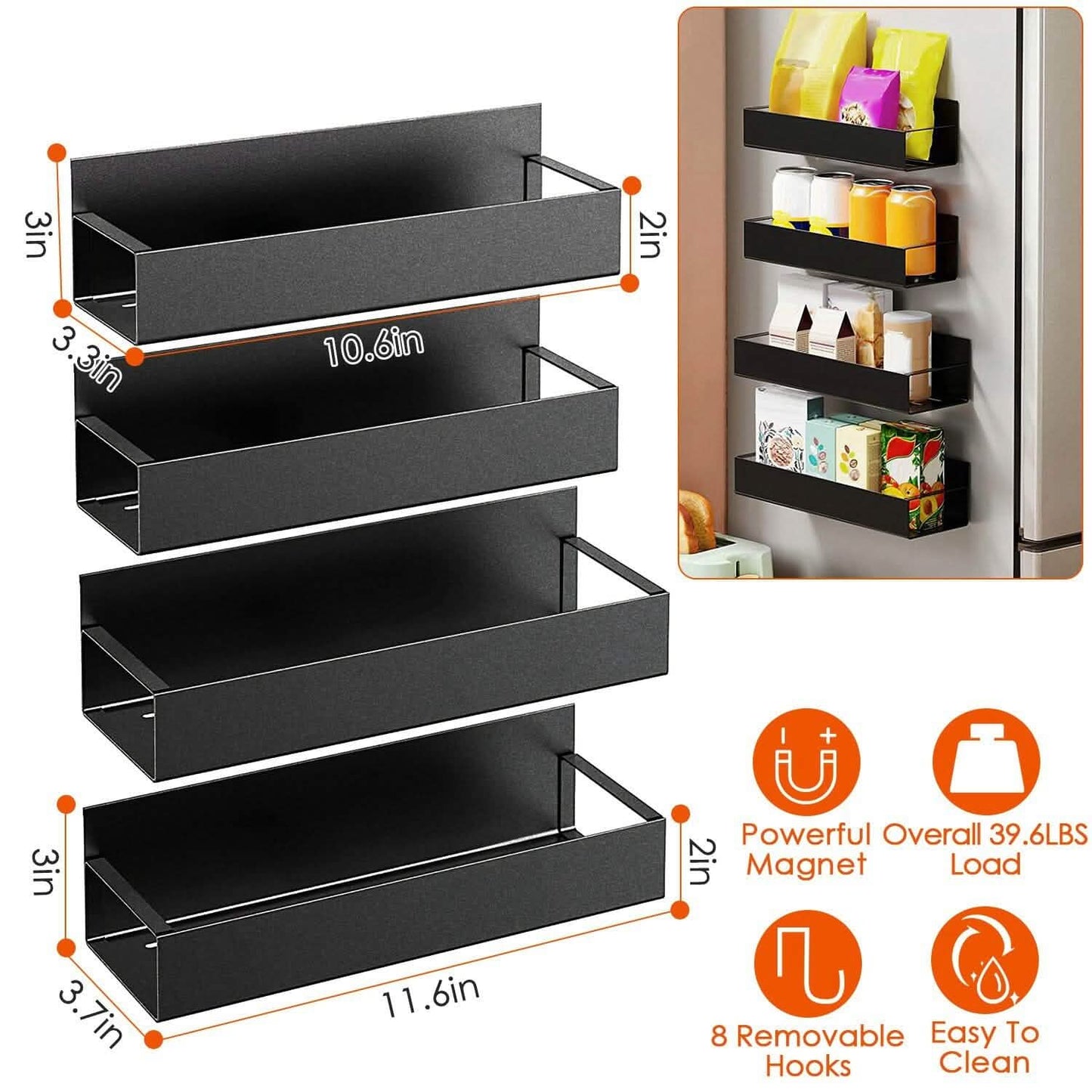 4-Pieces: Spice Rack Strong Magnetic Seasoning Storage Shelf with 8 Removable Hooks