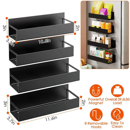 4-Pieces: Spice Rack Strong Magnetic Seasoning Storage Shelf with 8 Removable Hooks