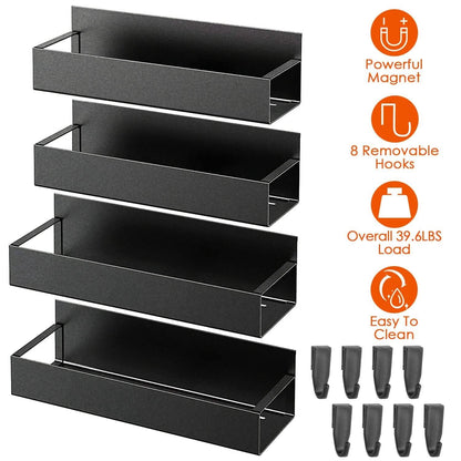 4-Pieces: Spice Rack Strong Magnetic Seasoning Storage Shelf with 8 Removable Hooks