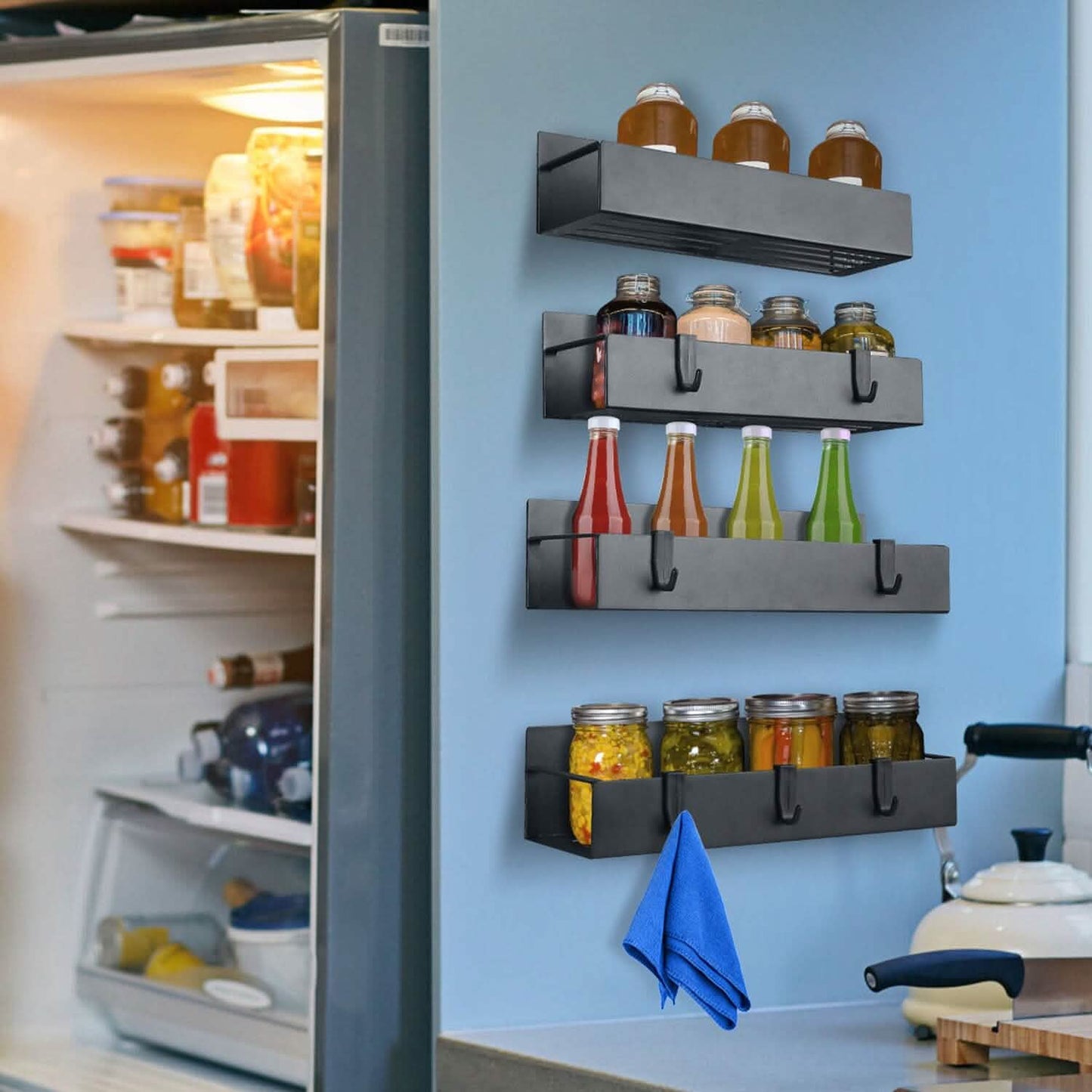4-Pieces: Spice Rack Strong Magnetic Seasoning Storage Shelf with 8 Removable Hooks