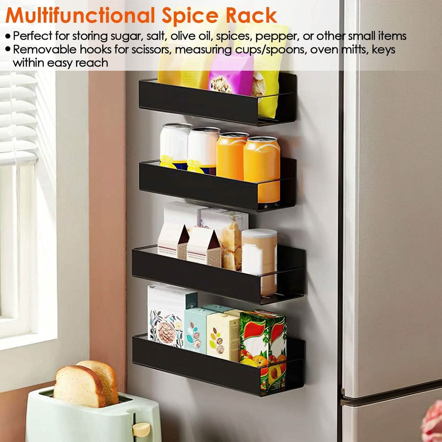 4-Pieces: Spice Rack Strong Magnetic Seasoning Storage Shelf with 8 Removable Hooks