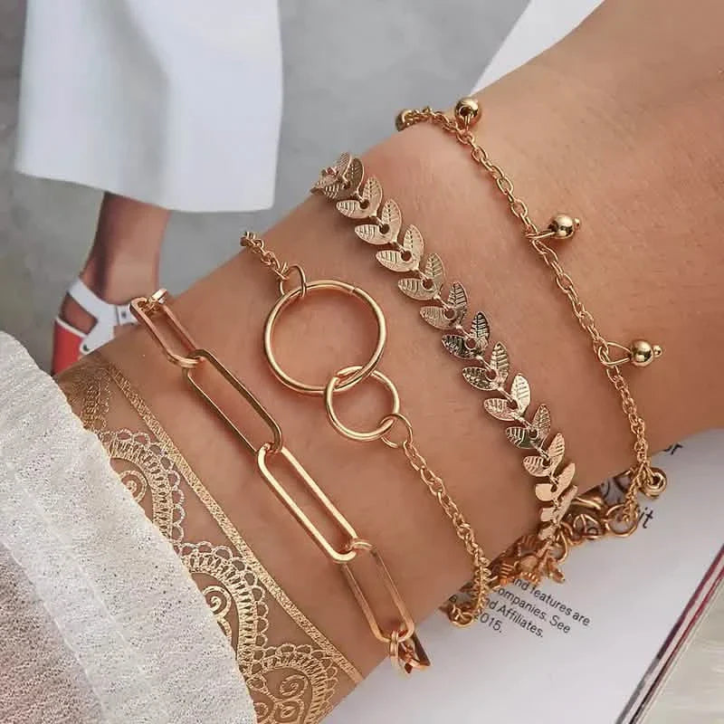 4-Pieces: Vintage Leaf Pendant Hand Chain Bracelet Set For Women