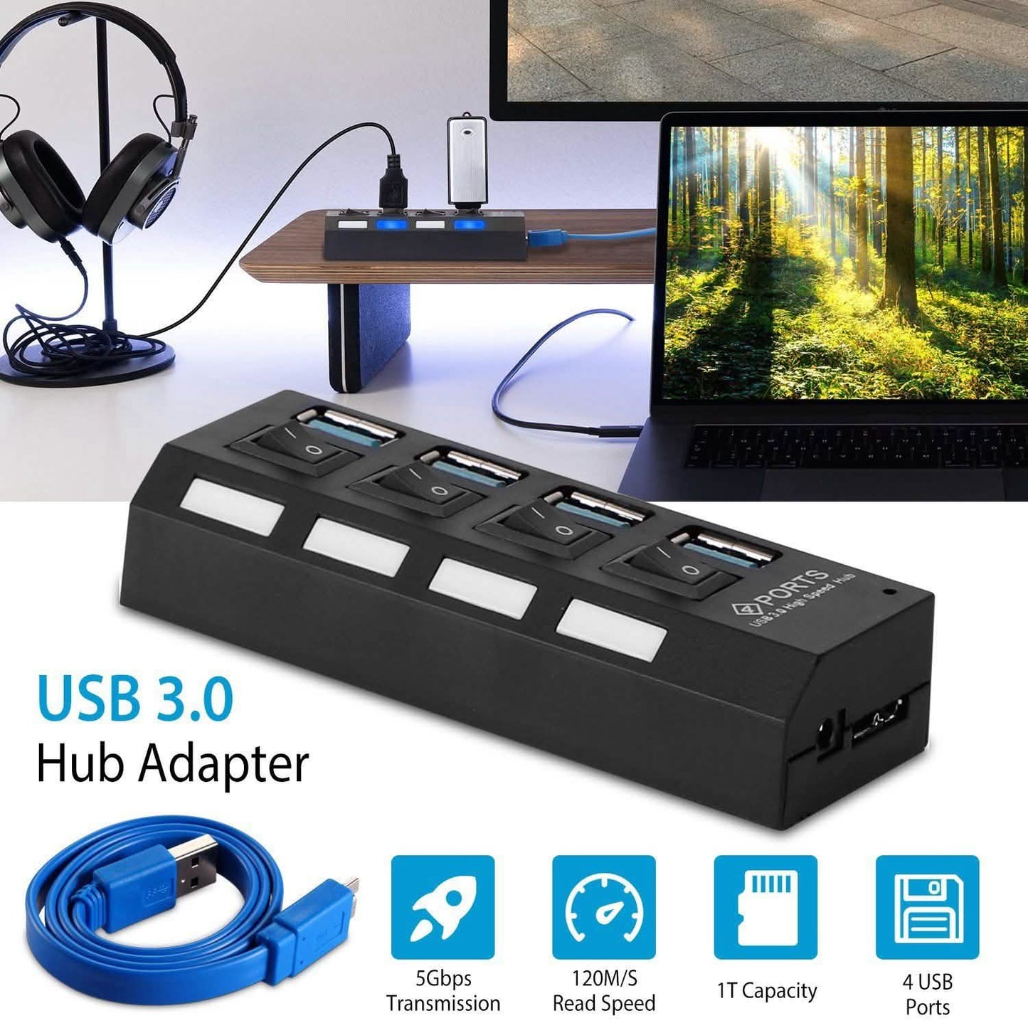 4 Port USB 3.0 Hub High Speed Adapter