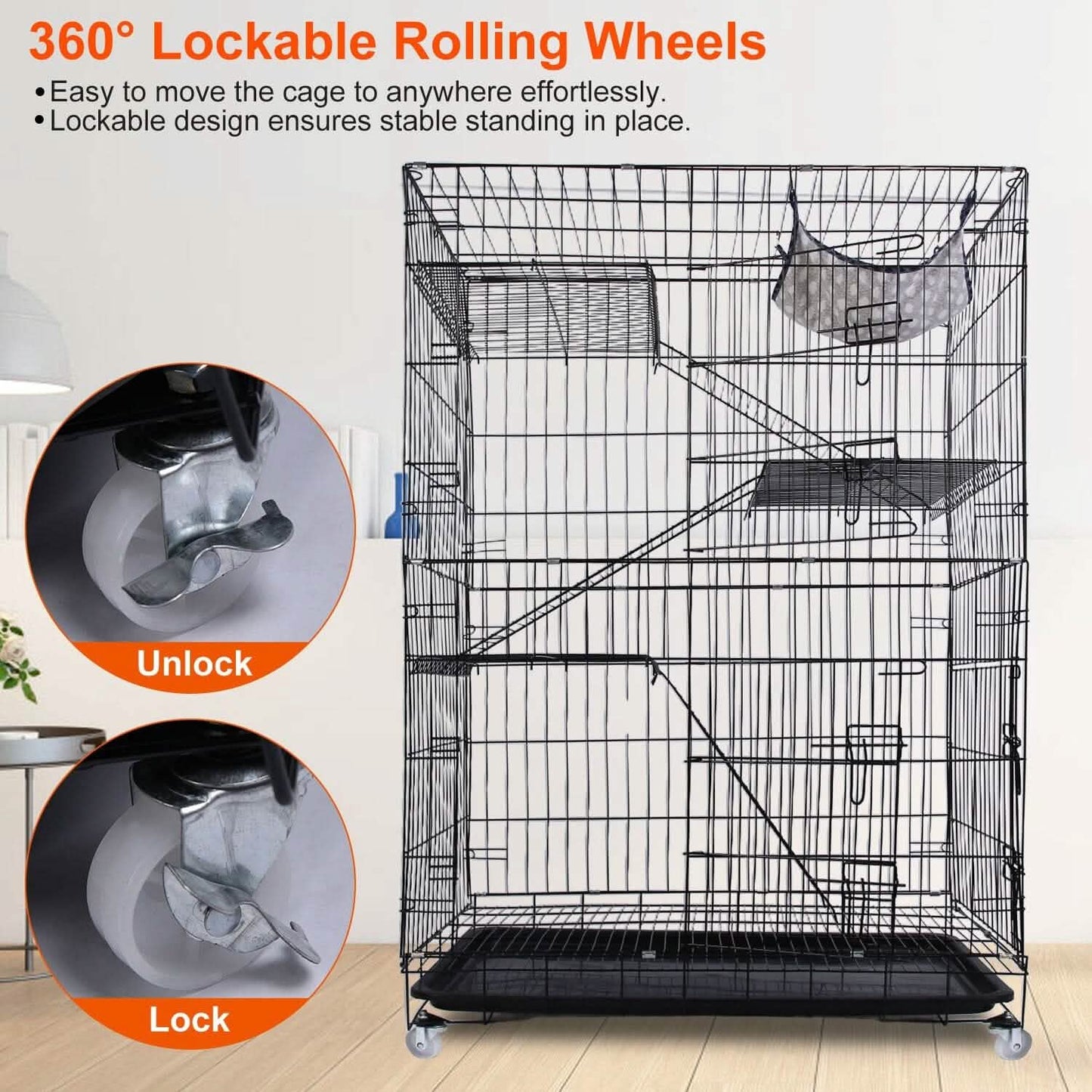 4-Tier Cat Cage with 360° Lockable Wheels, 3 Doors, 3 Ladders and 1 Hammock