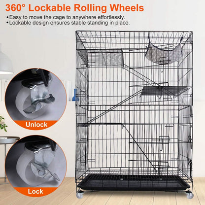 4-Tier Cat Cage with 360° Lockable Wheels, 3 Doors, 3 Ladders and 1 Hammock