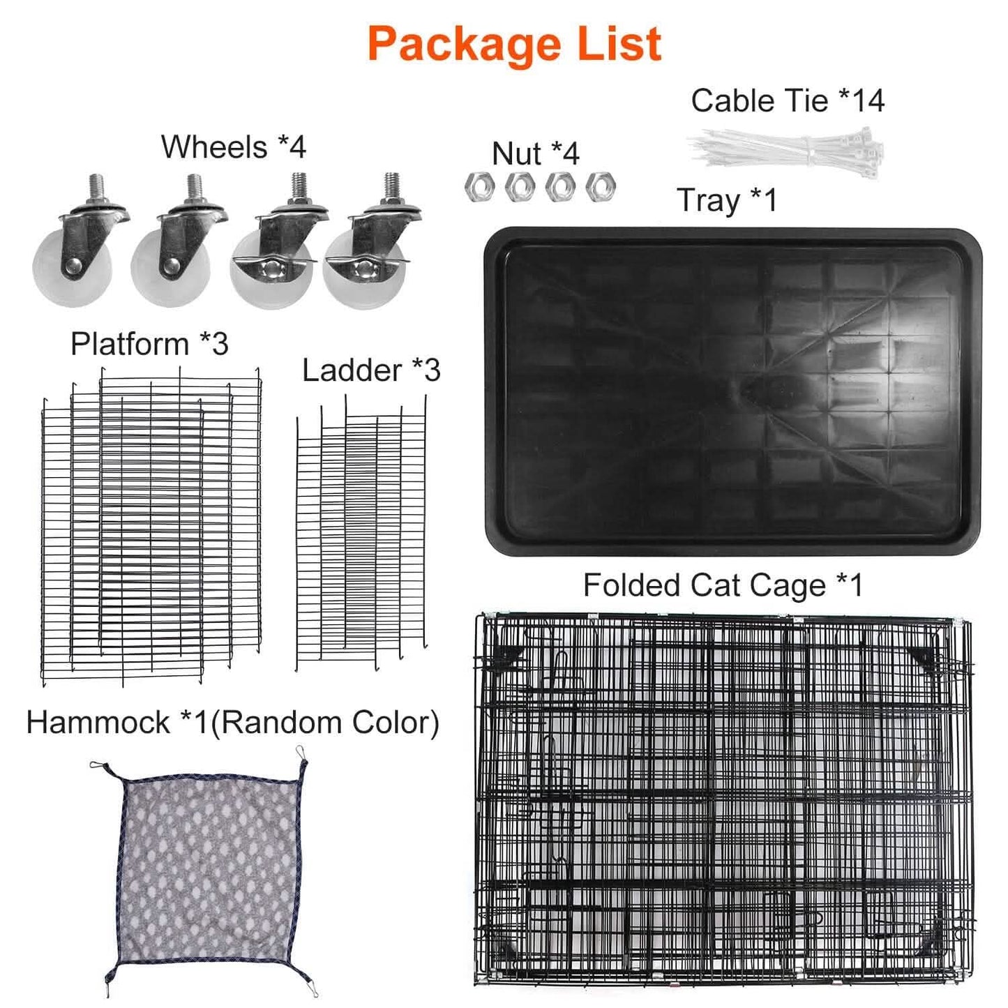 4-Tier Cat Cage with 360° Lockable Wheels, 3 Doors, 3 Ladders and 1 Hammock