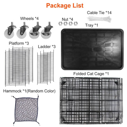 4-Tier Cat Cage with 360° Lockable Wheels, 3 Doors, 3 Ladders and 1 Hammock