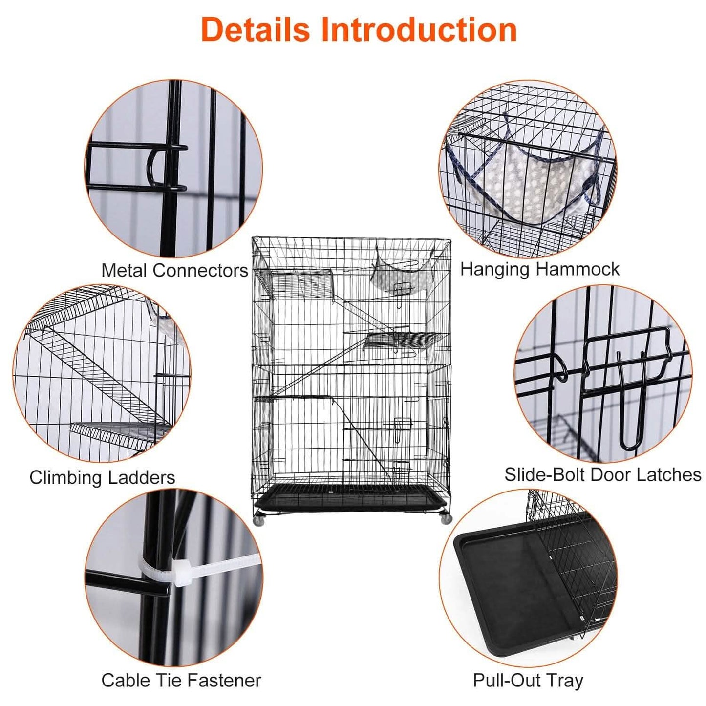 4-Tier Cat Cage with 360° Lockable Wheels, 3 Doors, 3 Ladders and 1 Hammock