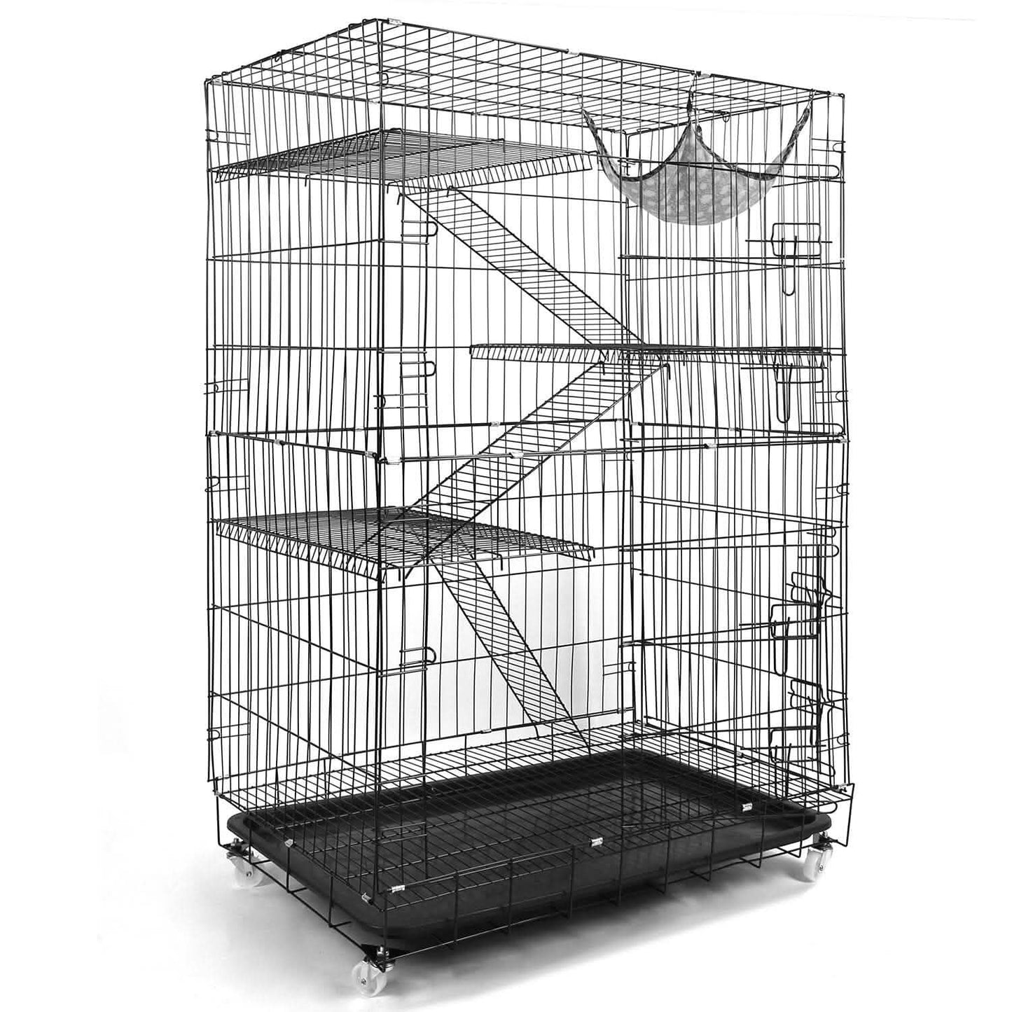 4-Tier Cat Cage with 360° Lockable Wheels, 3 Doors, 3 Ladders and 1 Hammock