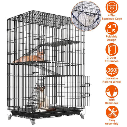 4-Tier Cat Cage with 360° Lockable Wheels, 3 Doors, 3 Ladders and 1 Hammock