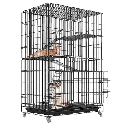 4-Tier Cat Cage with 360° Lockable Wheels, 3 Doors, 3 Ladders and 1 Hammock