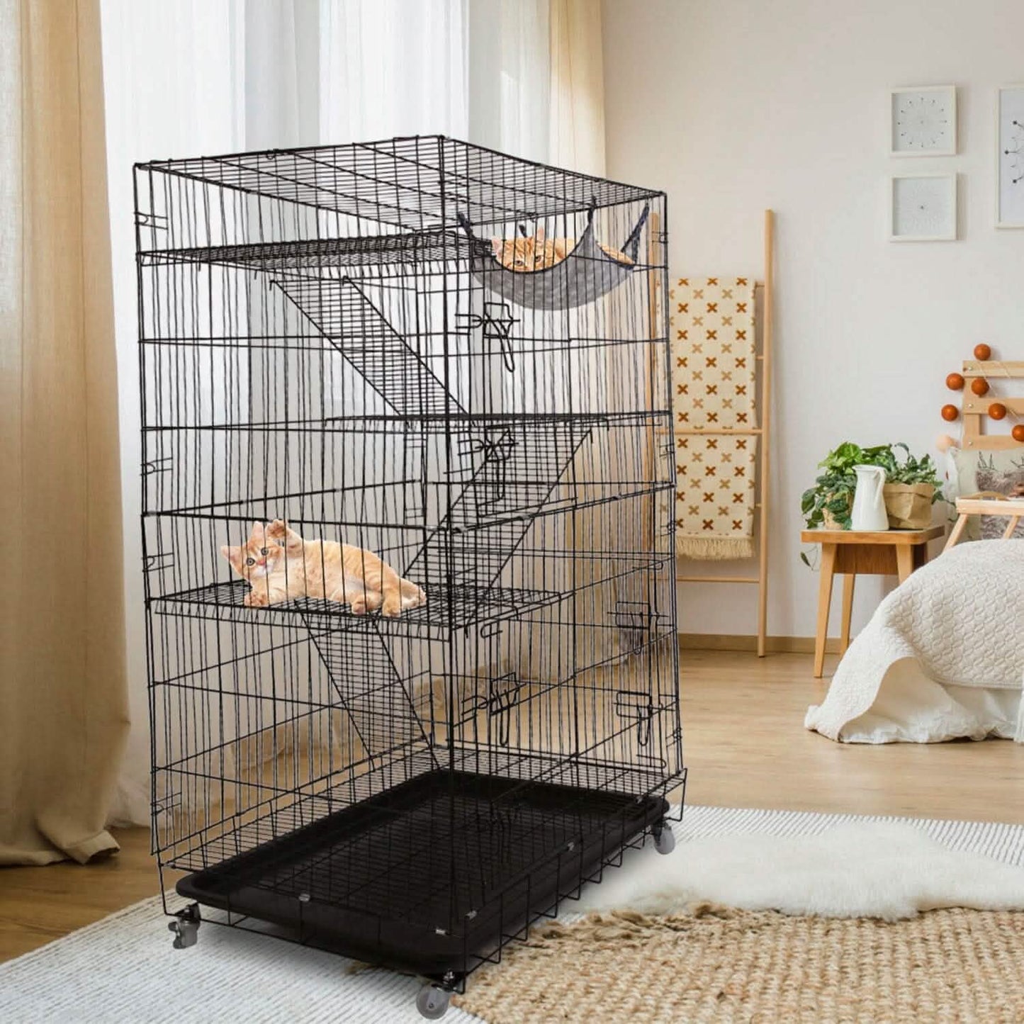 4-Tier Cat Cage with 360° Lockable Wheels, 3 Doors, 3 Ladders and 1 Hammock