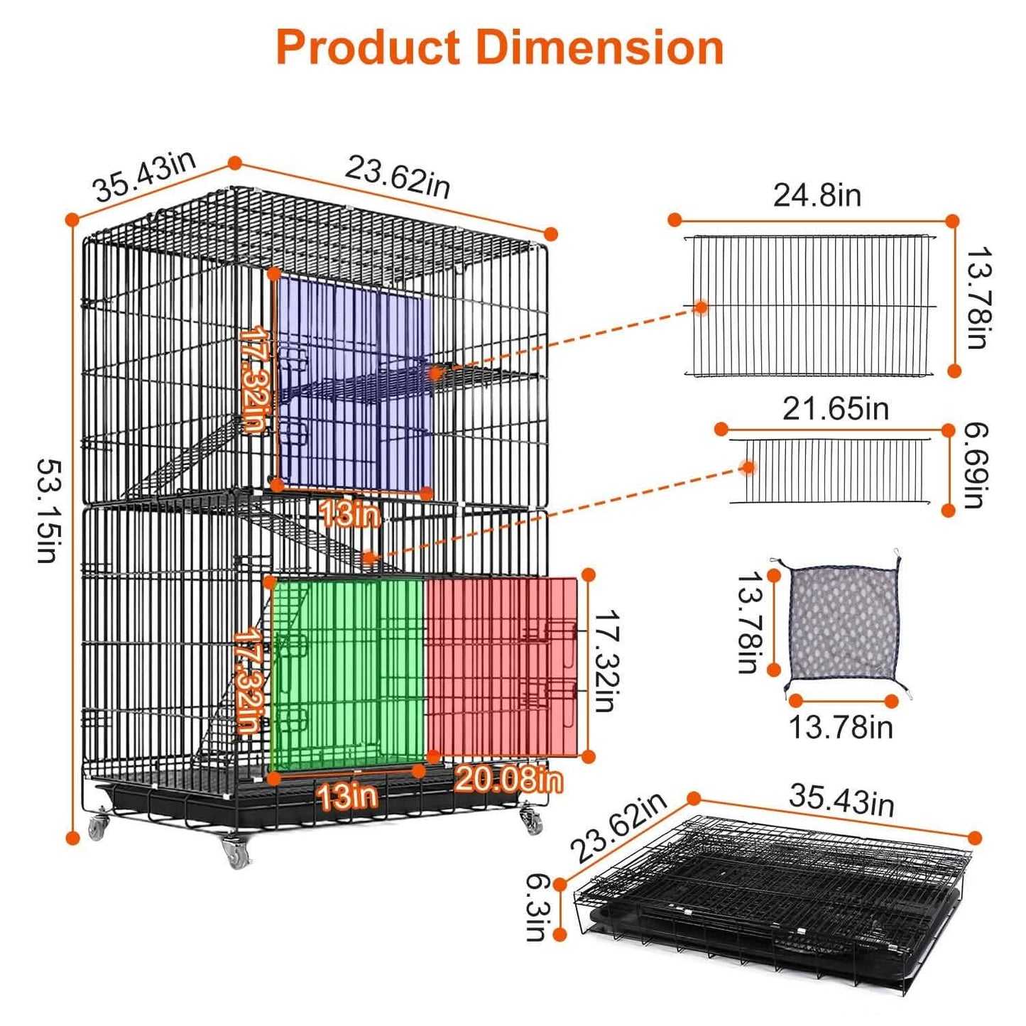 4-Tier Cat Cage with 360° Lockable Wheels, 3 Doors, 3 Ladders and 1 Hammock