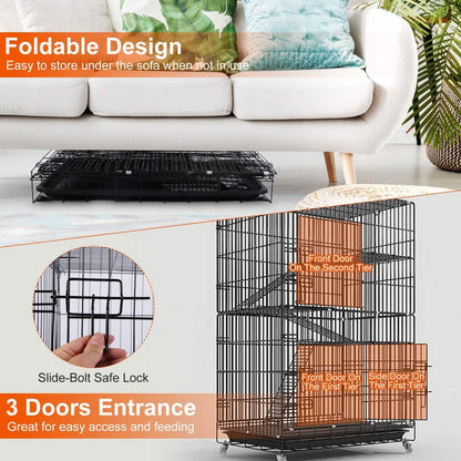 4-Tier Cat Cage with 360° Lockable Wheels, 3 Doors, 3 Ladders and 1 Hammock