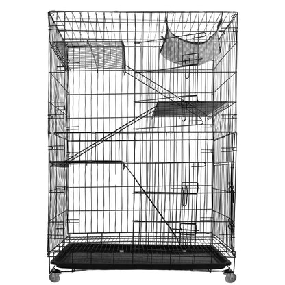 4-Tier Cat Cage with 360° Lockable Wheels, 3 Doors, 3 Ladders and 1 Hammock