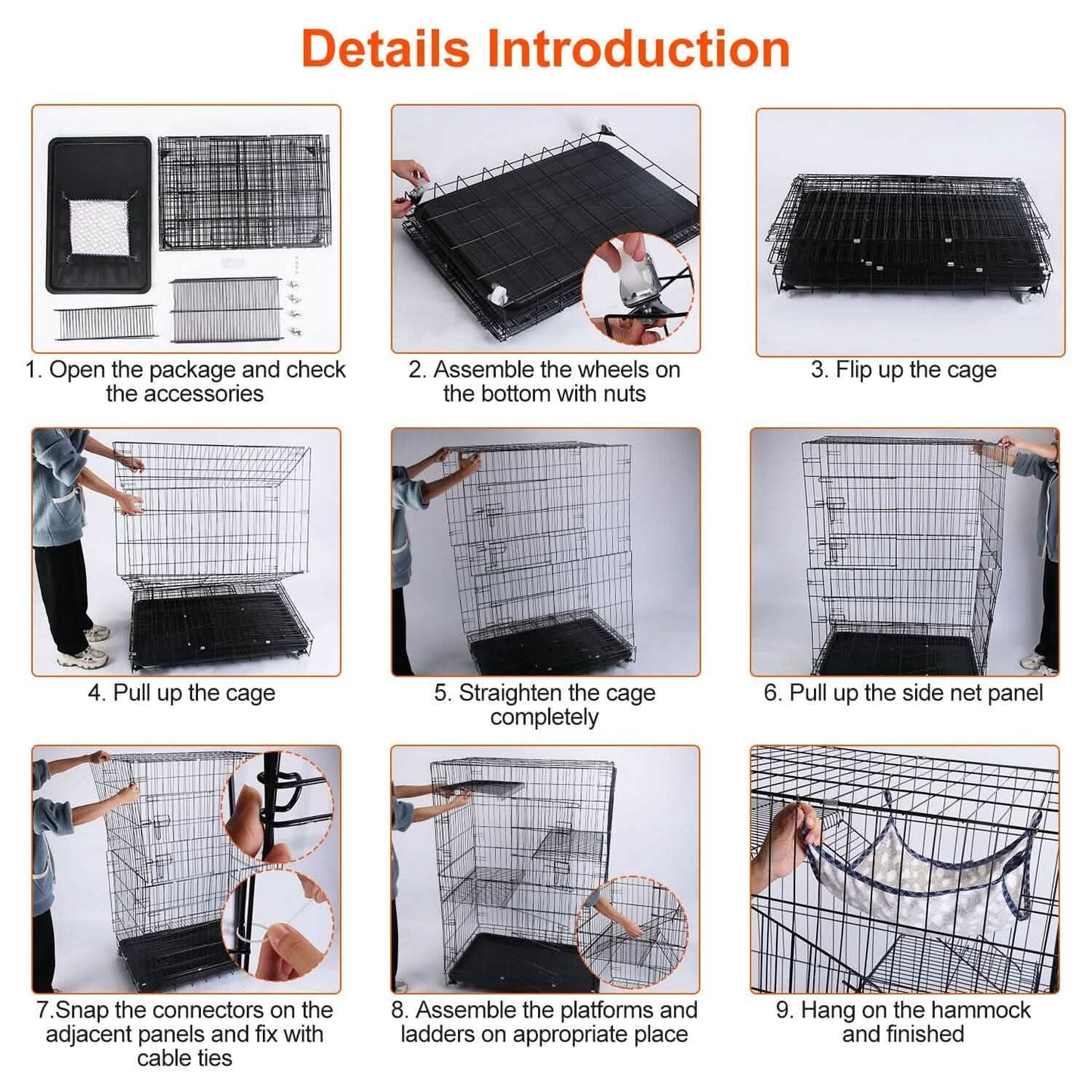4-Tier Cat Cage with 360° Lockable Wheels, 3 Doors, 3 Ladders and 1 Hammock