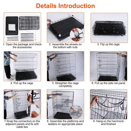 4-Tier Cat Cage with 360° Lockable Wheels, 3 Doors, 3 Ladders and 1 Hammock