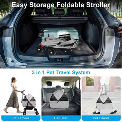 4 Wheels Pet Stroller Foldable with Removable Liner Storage Basket
