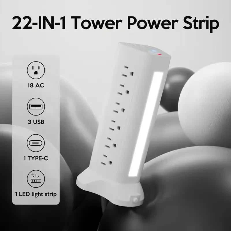 22-in-1 Power Strip Tower with 4 USB Ports & 9 AC Outlets, 10ft Extension Cable, 3-Color Night Light