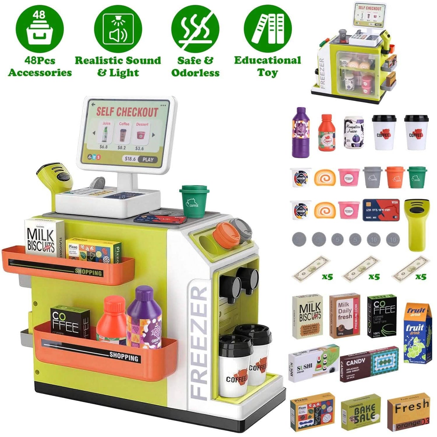 48-Piece: Pretend Cash Register Play Toy Set