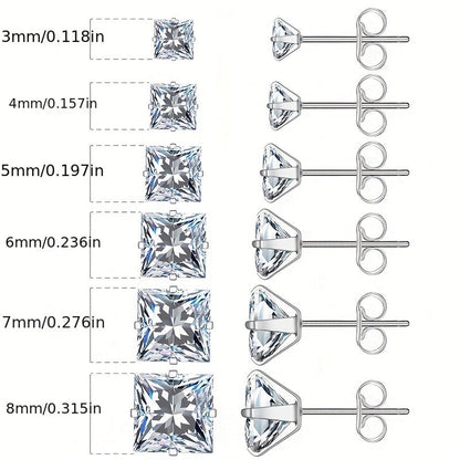 316 Stainless Steel Square Stud Earrings with Cubic Zirconia Accents