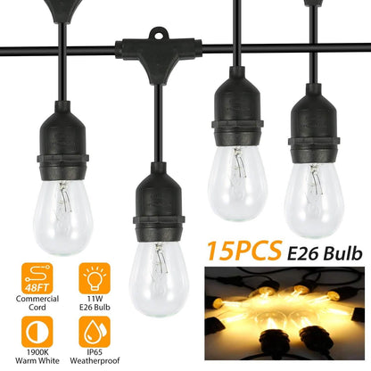 48ft Outdoor String Light Waterproof Patio String Lights Bulbs