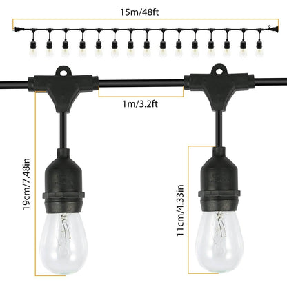 48ft Outdoor String Light Waterproof Patio String Lights Bulbs