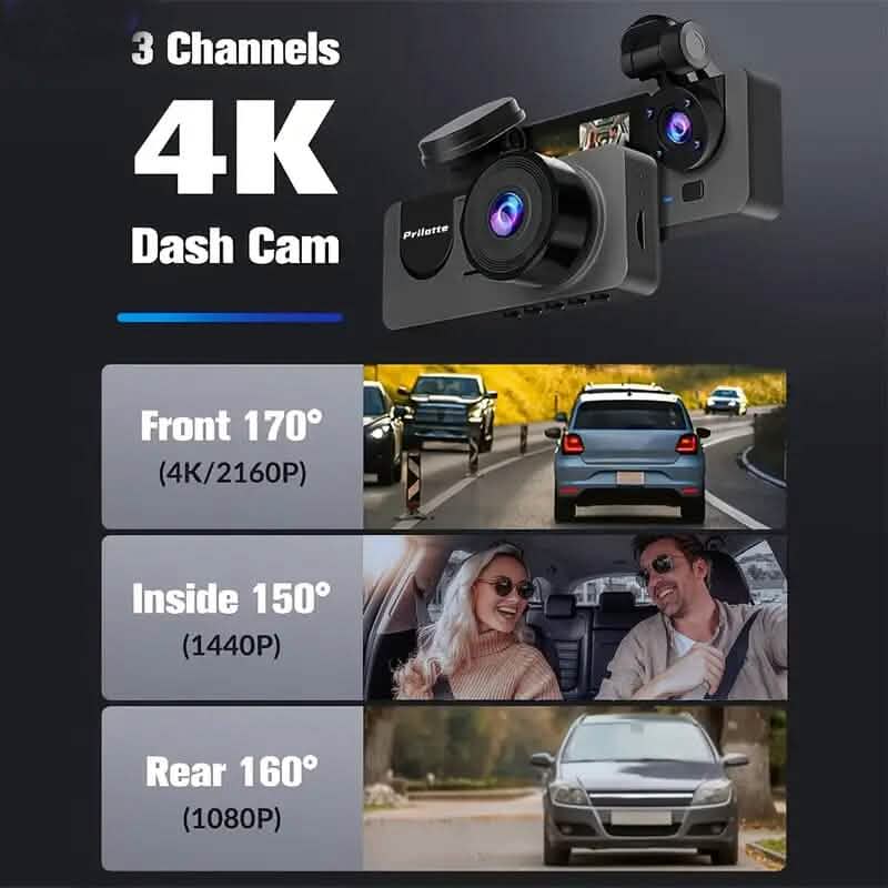 3-Channel 4K UHD Dash Cam Front, Rear and Inside with 32GB SD Card