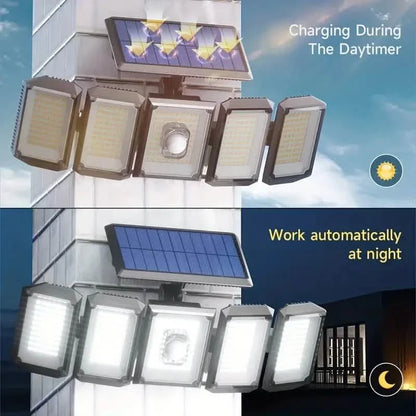 5 Heads Solar 300 LED Light Outdoor Motion Sensor Waterproof Wide-angle Illumination Wall Lamp