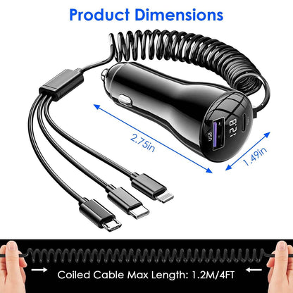 5-in-1 Fast Charge Car Charger QC PD USB Type C LT 5 Port with 4ft Coiled Cable