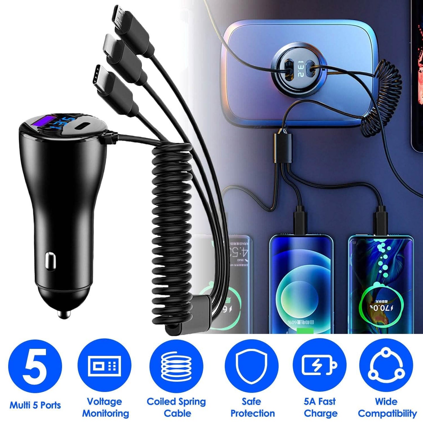 5-in-1 Fast Charge Car Charger QC PD USB Type C LT 5 Port with 4ft Coiled Cable