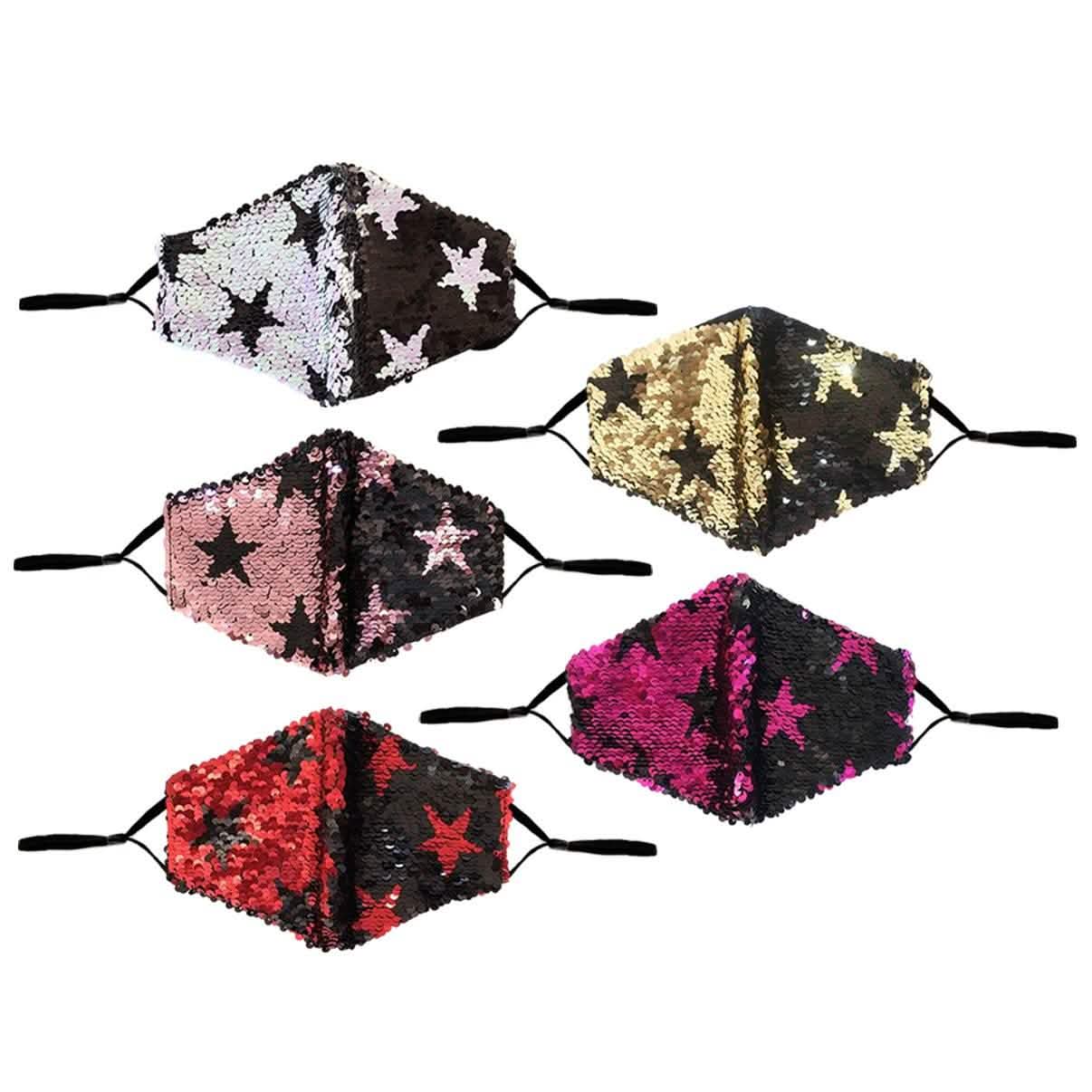 5-Pack: Star Struck Cotton Reversible Sequin Fashion Face Masks With Adjustable Ear Loops