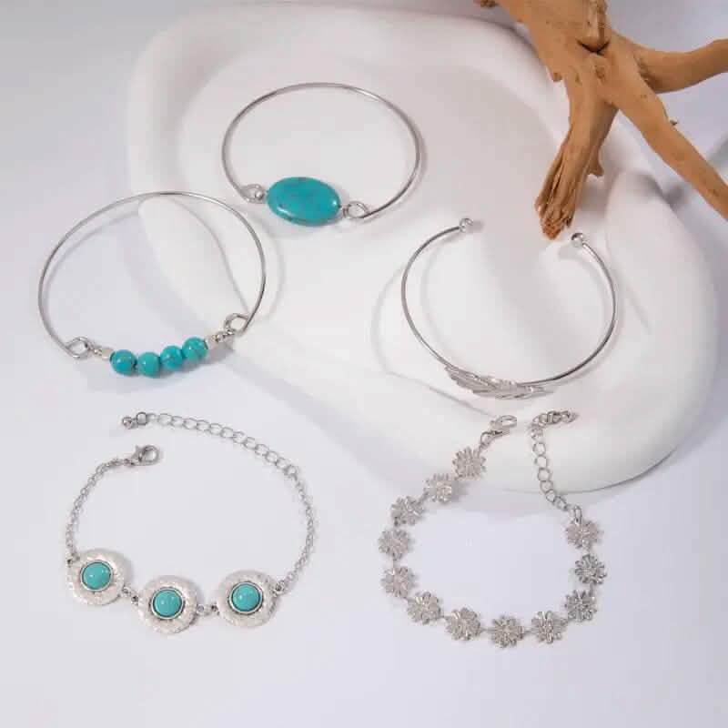 5-Piece Set: Retro Turquoise Inlaid Bracelet