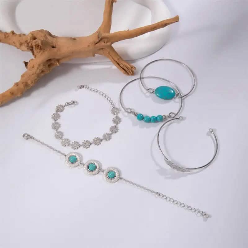 5-Piece Set: Retro Turquoise Inlaid Bracelet