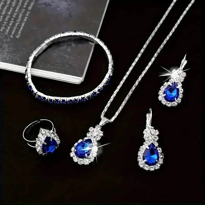 5-Piece Set: Stylish Jewelry Set for Women, Pair of Earrings, Necklace, Ring and Bracelet Adorned with Glass Accents