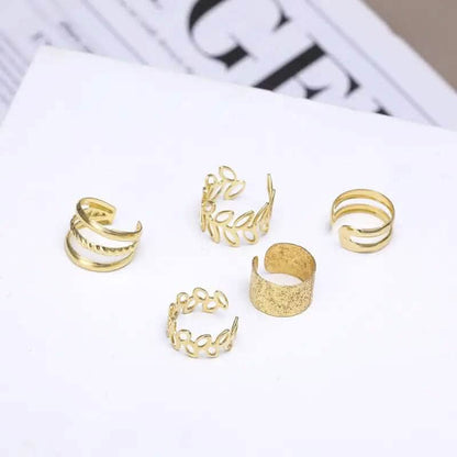 5-Pieces: Golden Leaf Cutout Ear Clips