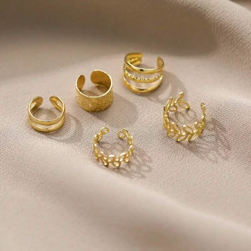 5-Pieces: Golden Leaf Cutout Ear Clips
