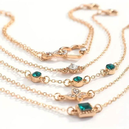 5-Pieces: Love Full Throw Diamond Shining Infinite Symbol Geometry Green Rhinestone Bracelet Set