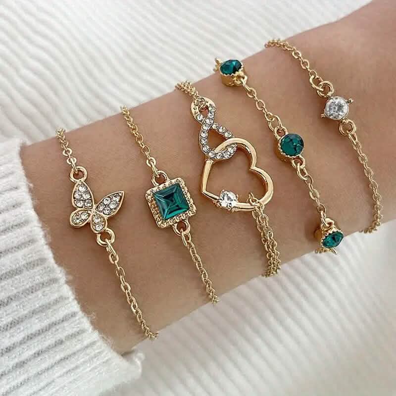 5-Pieces: Love Full Throw Diamond Shining Infinite Symbol Geometry Green Rhinestone Bracelet Set