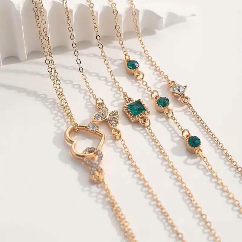 5-Pieces: Love Full Throw Diamond Shining Infinite Symbol Geometry Green Rhinestone Bracelet Set